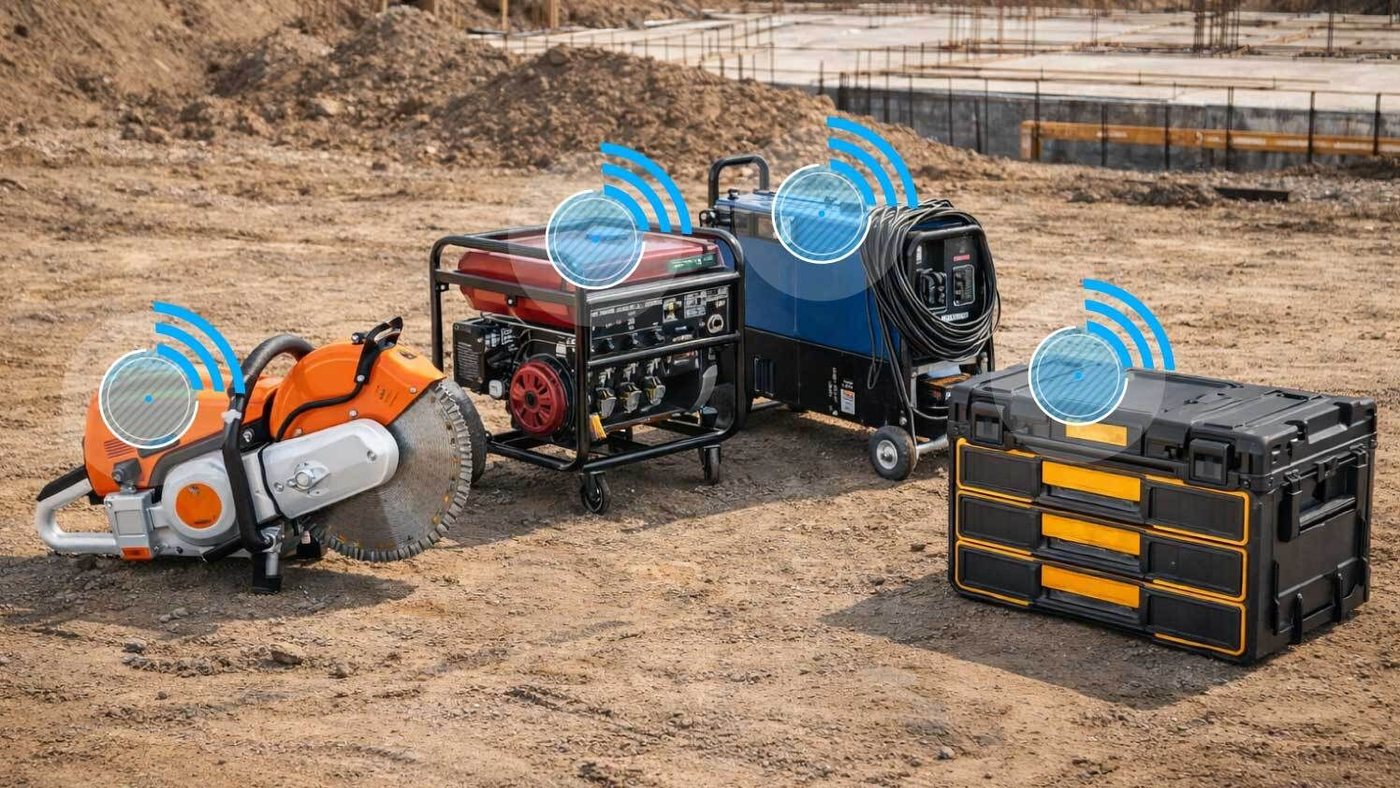 A cut-off saw, two generators, and a heavy-duty tool case on a construction site, each marked with a wireless tracking signal