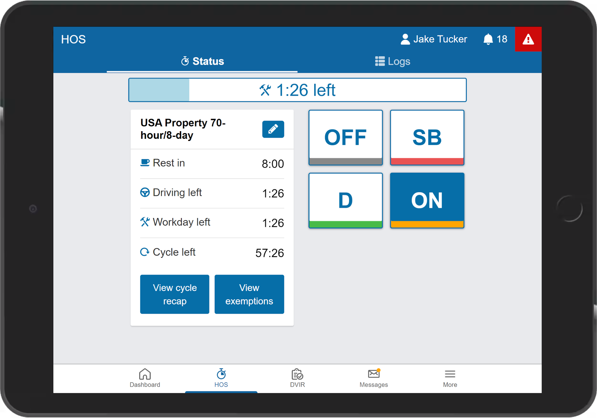 Geotab Drive HOS screen with duty-status choices and remaining hours