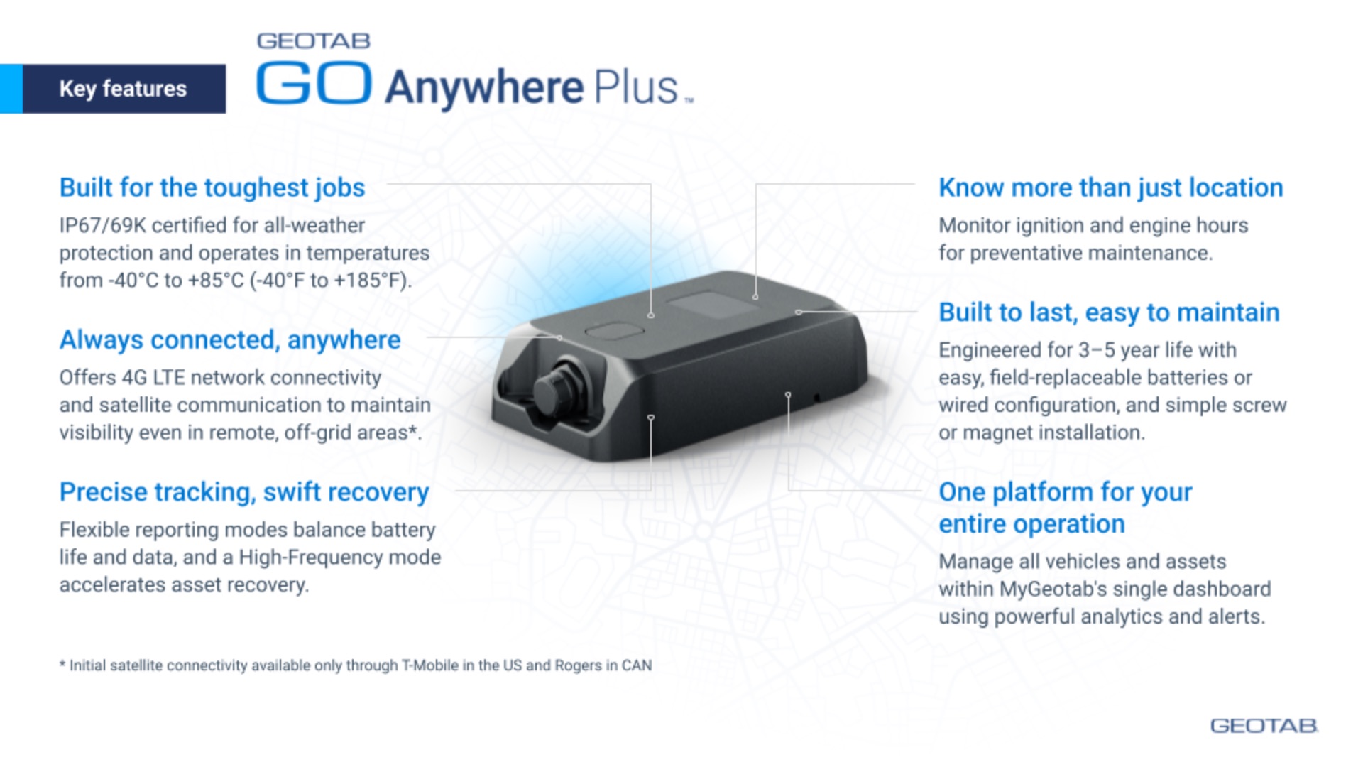 Geotab GO Anywhere Plus tracker shown in official feature illustration