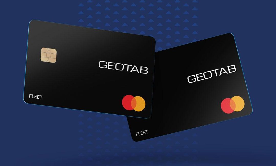 Two black Geotab Fleet Cards with a chip and Mastercard logo