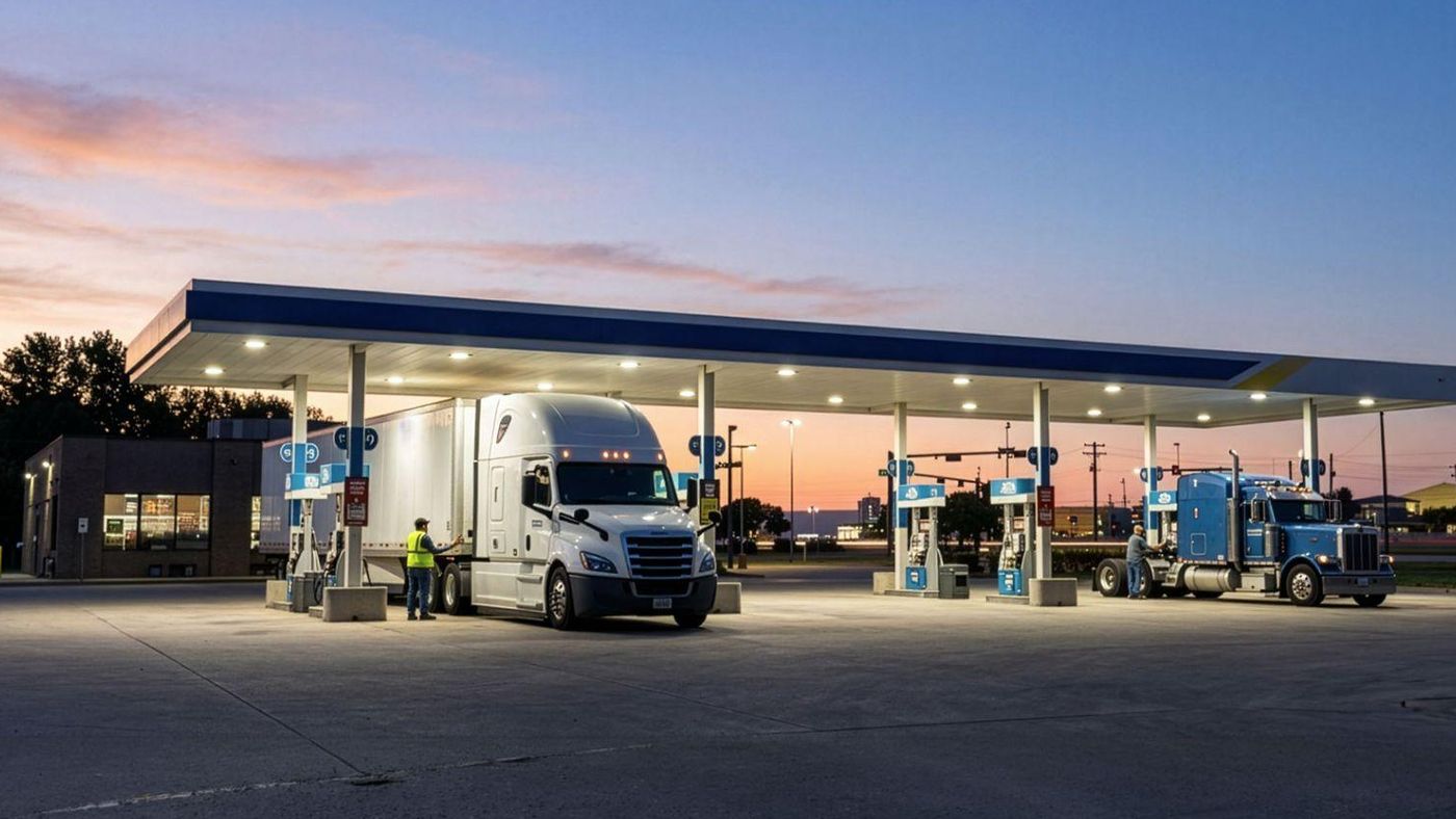 A semi truck and a second truck fueling under a lit station canopy at dusk