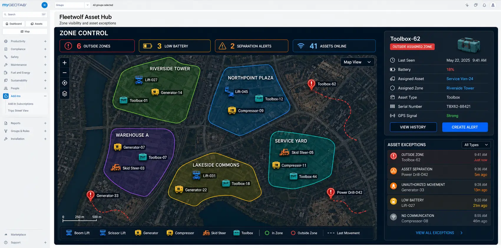Fleetwolf Asset Hub zone control map with geofence separation alerts