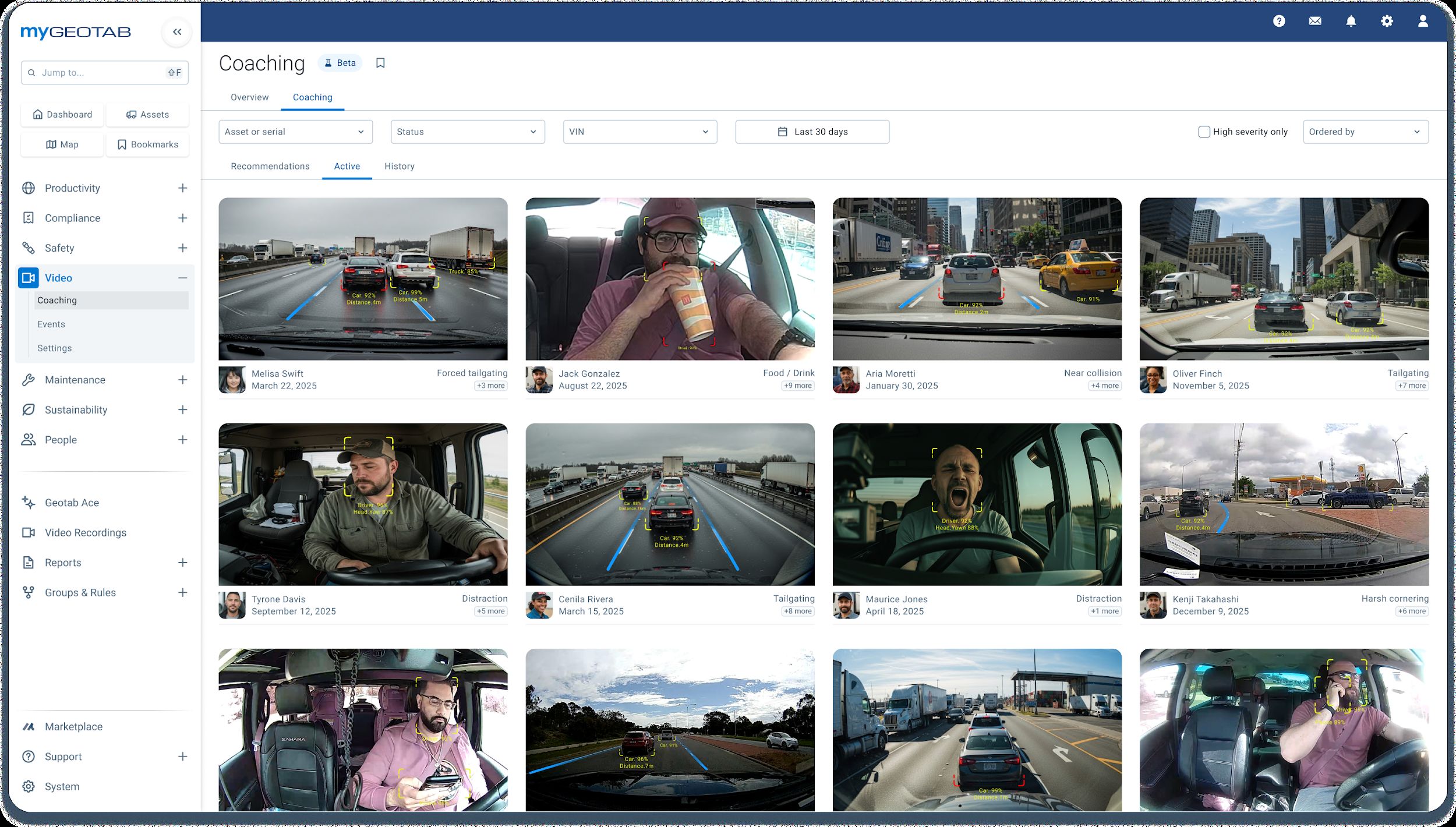 GO Focus AI dash cam coaching dashboard with flagged events