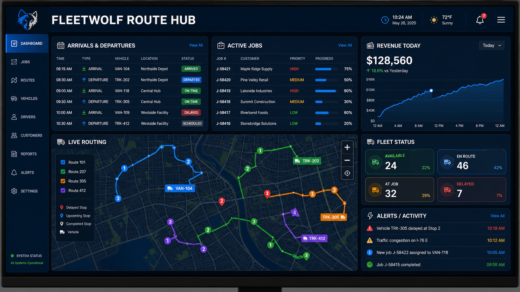 FleetWolf Route Hub live dispatch and routing dashboard