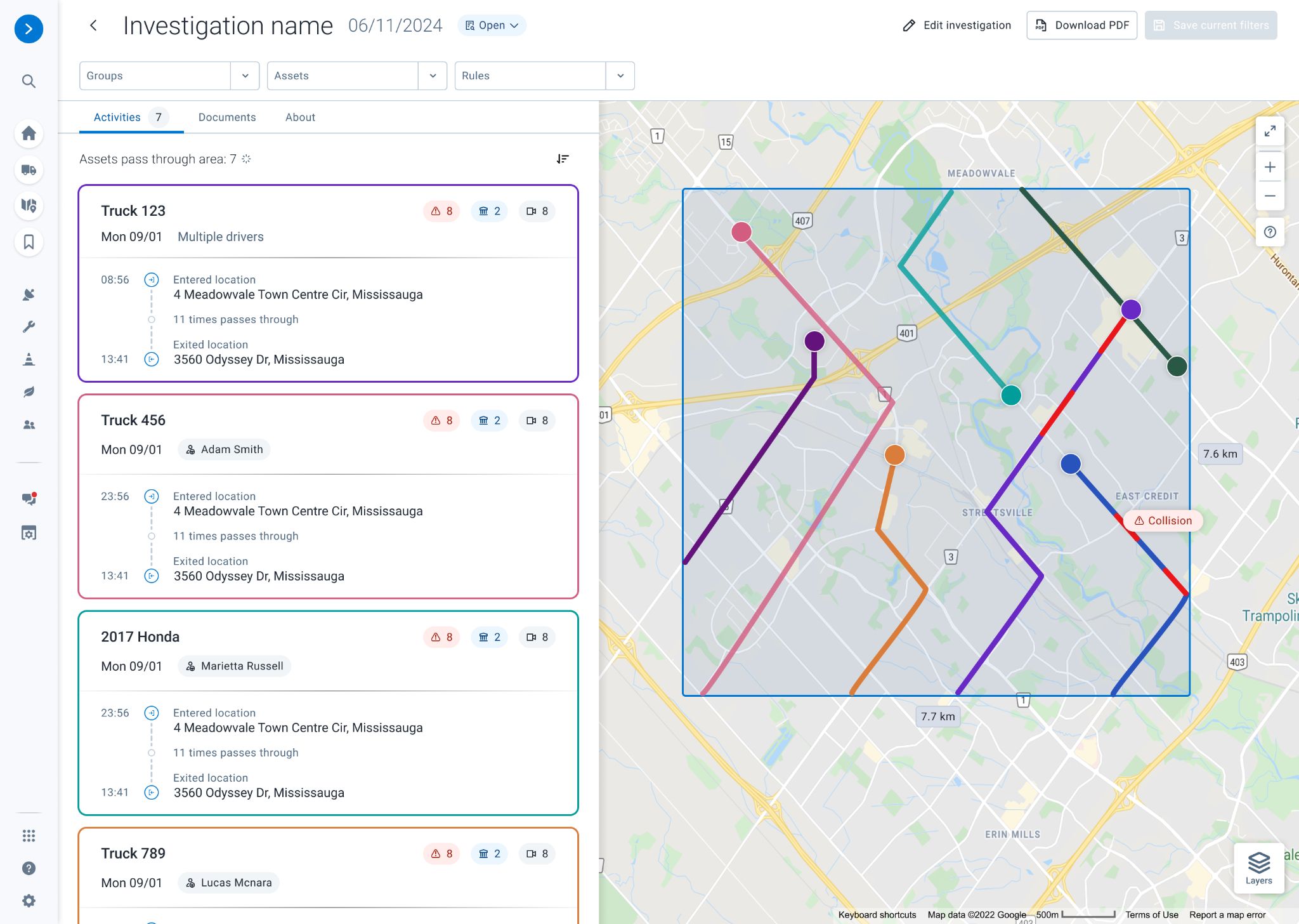 Live map with route and stop tracking for fleet investigation