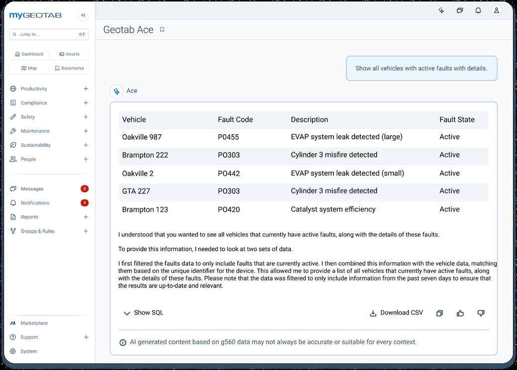 Geotab Ace AI assistant surfacing fleet faults automatically