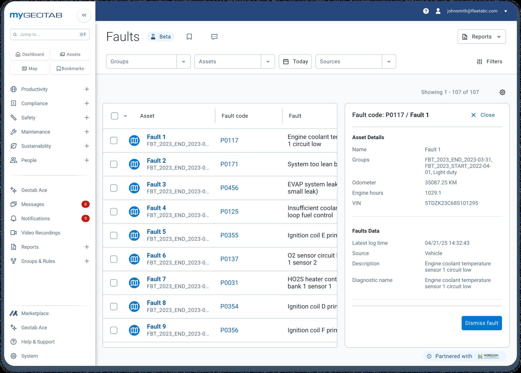 MyGeotab fault codes dashboard for predictive maintenance